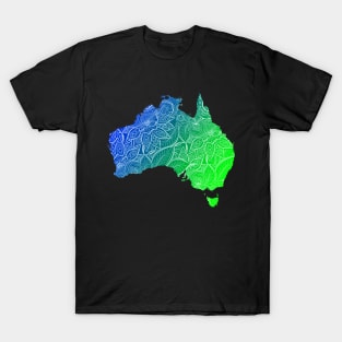 Colorful mandala art map of Australia with text in blue and green T-Shirt